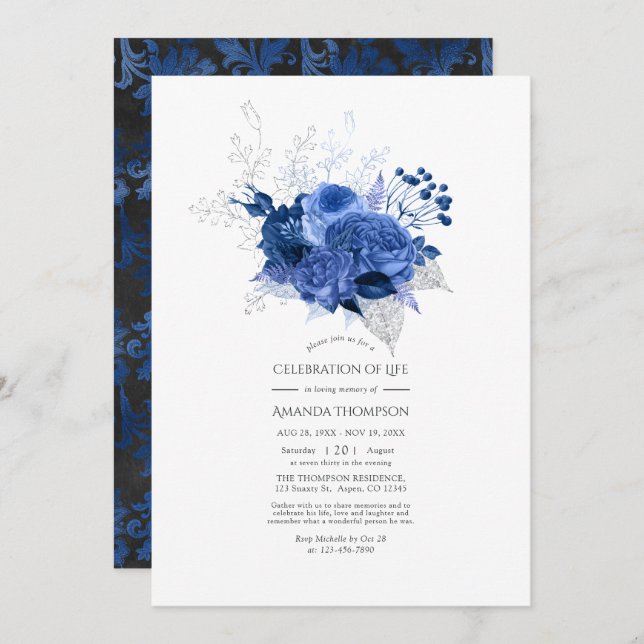 Royal Blue and Silver Floral Celebration of Life Invitation (Front/Back)