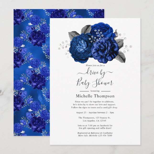 Royal Blue and Silver Floral Drive By Shower Invitation (Front/Back)