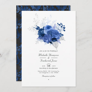 Royal Blue and Silver Floral QR Code RSVP Wedding Invitation