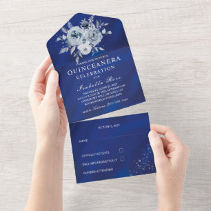 Royal Blue and Silver Floral Quinceañera All In One Invitation