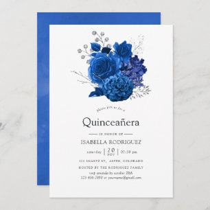Royal Blue and Silver Floral Quinceañera Invitation