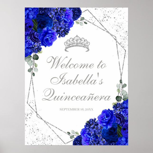 Royal Blue and Silver Floral Quinceanera Welcome P Poster (Front)