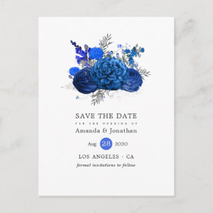 Royal Blue and Silver Floral Wedding Save the Date Announcement Postcard