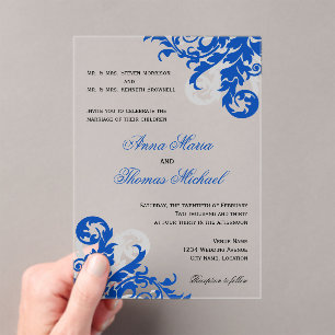 Royal Blue and Silver Flourish Wedding Acrylic Invitations