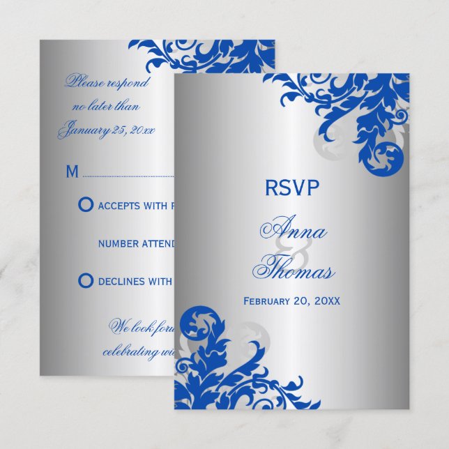 Royal Blue and Silver Flourish Wedding RSVP (Front/Back)