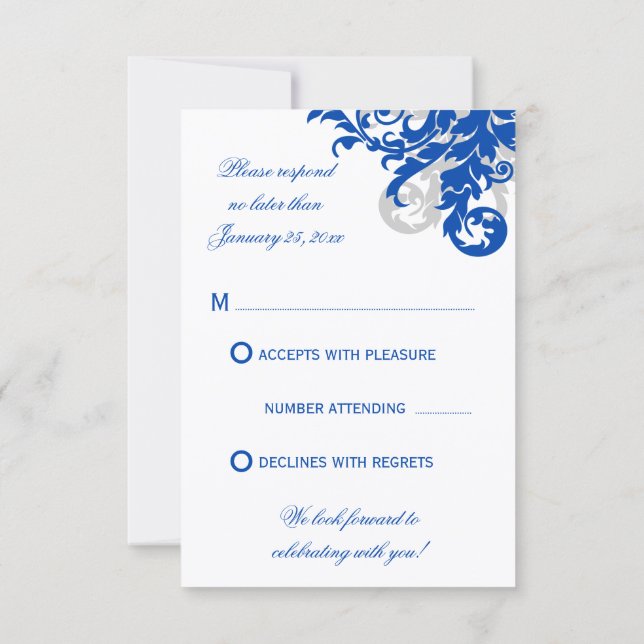 Royal Blue and Silver Flourish Wedding RSVP (Back)