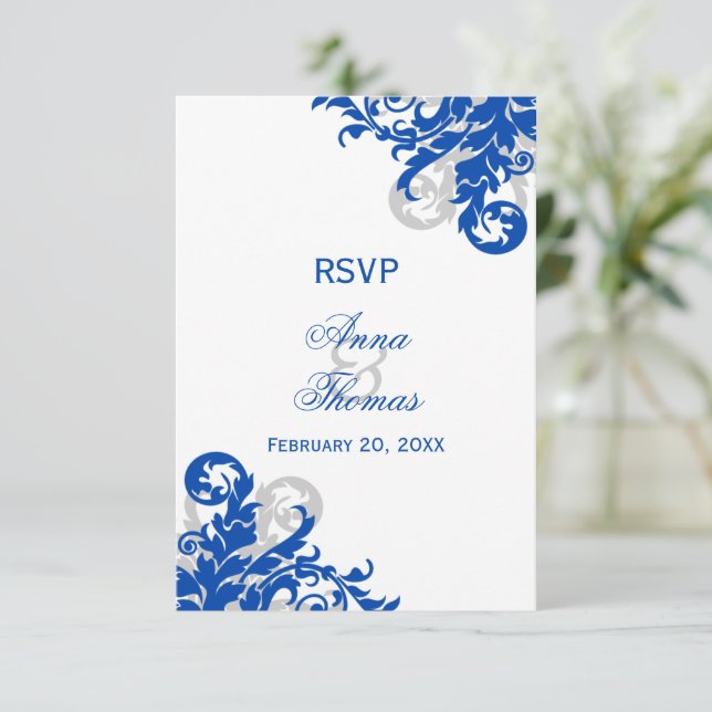 Royal Blue and Silver Flourish Wedding RSVP (Standing Front)