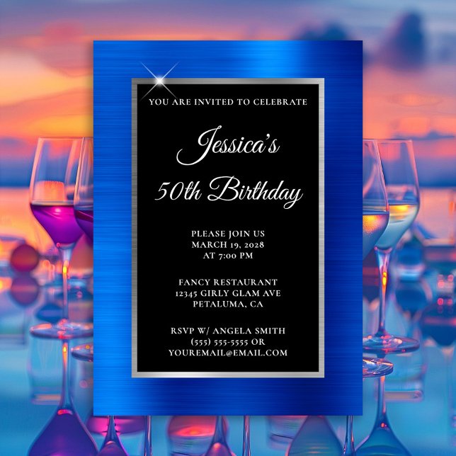 Royal Blue and Silver Foil Black 50th Birthday Invitation (Royal Blue and Silver Foil Black 50th Birthday Invitation)