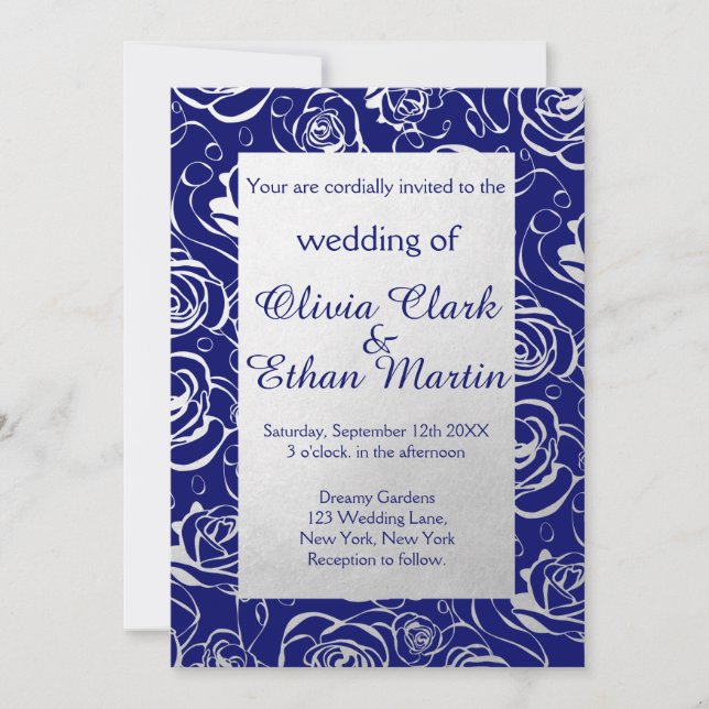 Royal Blue and Silver Foil Flowers with Rose Invitation (Front)