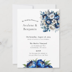 Royal Blue and Silver Glitter Peony Wedding Shower Invitation
