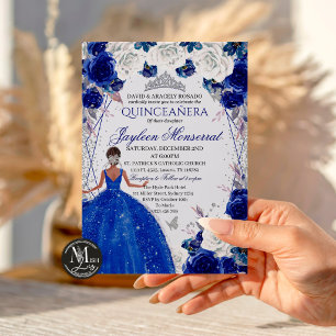 Royal Blue and Silver Glitter Quinceañera Princess Invitation