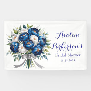 Royal Blue and Silver Glittery Peony Bridal Shower Banner
