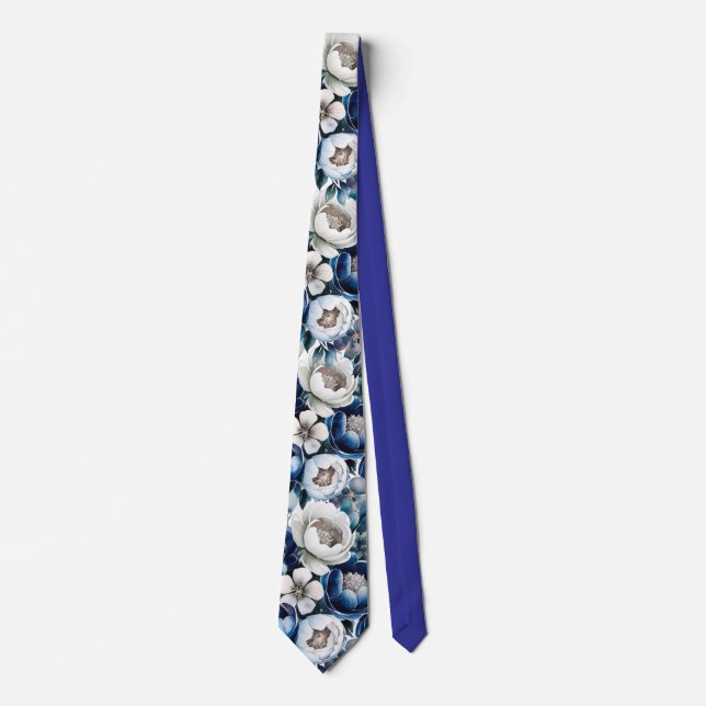 Royal Blue and Silver Glittery Peony Groom Tie (Front)