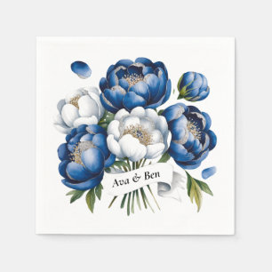Royal Blue and Silver Glittery Peony Wedding Napkin