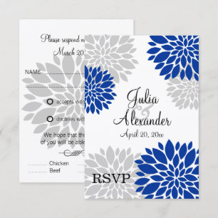 Royal Blue and Silver-Grey Floral Burst RSVP Card