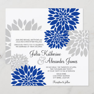 Royal Blue and Silver-Grey Floral Burst Wedding Invitation