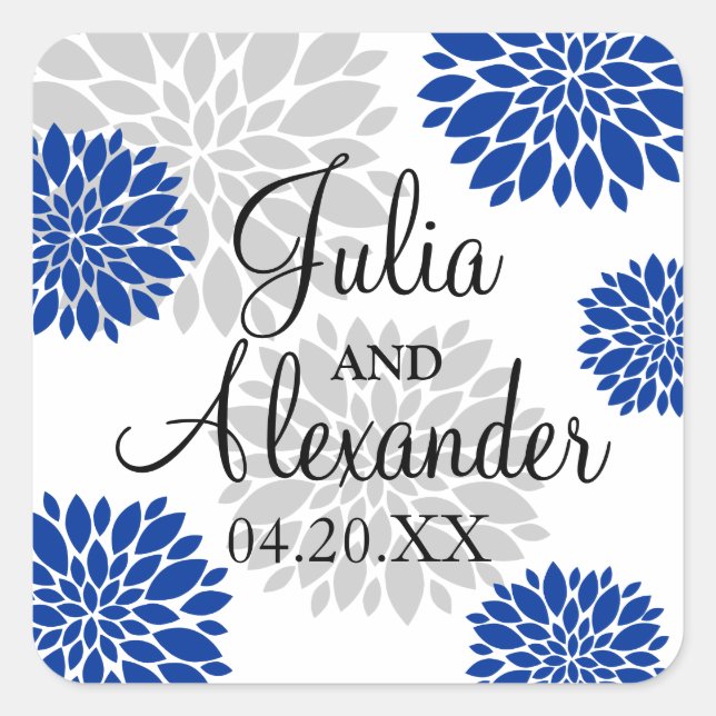 Royal Blue and Silver-Grey Floral Burst Wedding Square Sticker (Front)