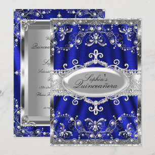 Royal Blue And Silver Jewel Damask Quinceanera Invitation
