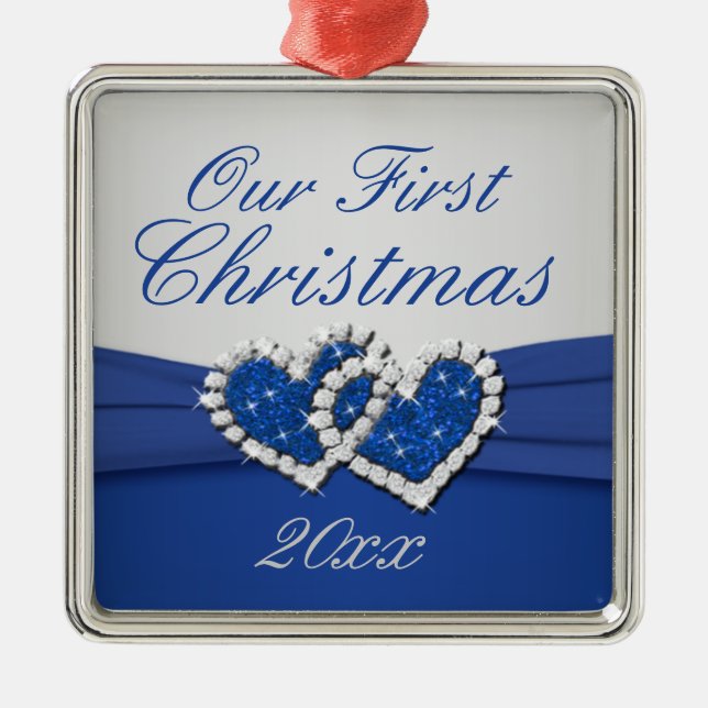 Royal Blue and Silver Joined Hearts Ornament (Front)