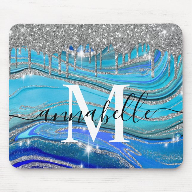 Royal Blue And Silver Monogram Mouse Pad (Front)
