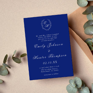 Royal Blue and Silver Monogram Wreath Wedding Invitation