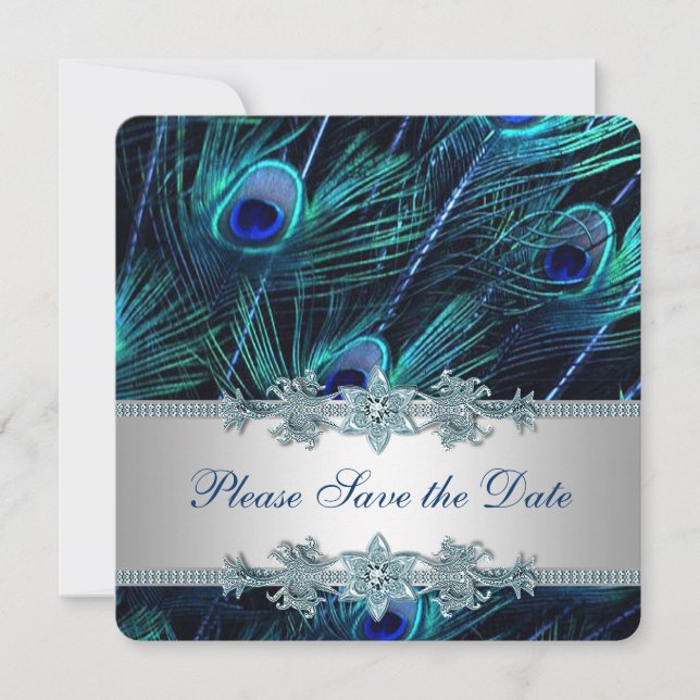 Royal Blue and Silver Peacock Save the Date (Front)