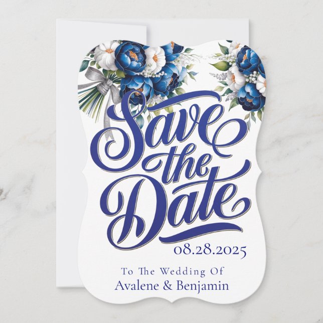 Royal Blue and Silver Peony Save The Date Cards (Front)