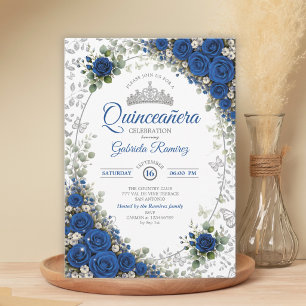 Royal Blue and Silver Quinceañera Blue Roses Invitation