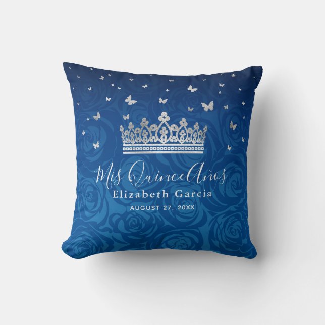Royal Blue and Silver Quinceanera Mis Quince Anos Cushion (Front)