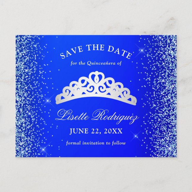 Royal Blue and Silver Quinceanera Save The Date Postcard (Front)