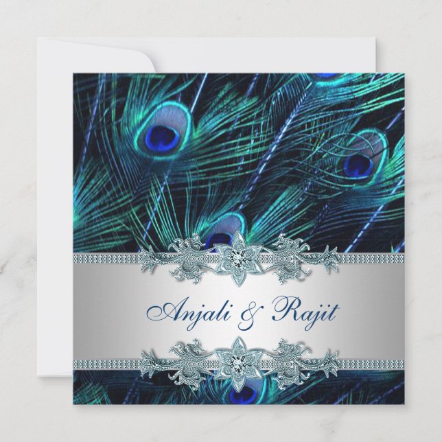 Royal Blue and Silver Royal Blue Peacock Wedding Invitation (Front)