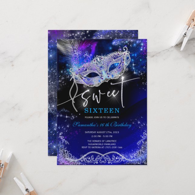 Royal Blue and Silver Sweet 16 Decorations Invitation (Front/Back In Situ)