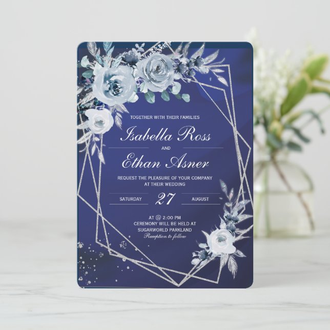 Royal Blue And Silver Wedding Invitations (Standing Front)