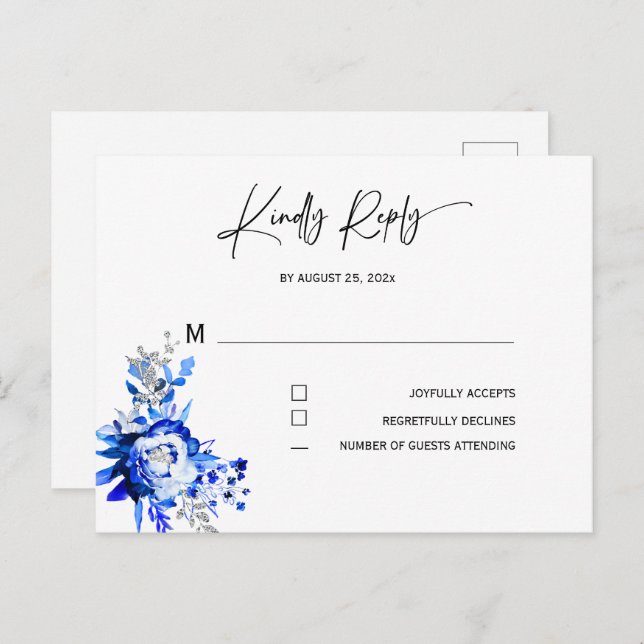 Royal Blue and Silver Wedding RSVP Postcard (Front/Back)