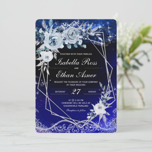 Royal Blue And Silver White Geometric Wedding Invitation (Standing Front)