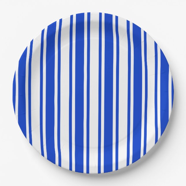 Royal blue and white candy stripes paper plate (Front)