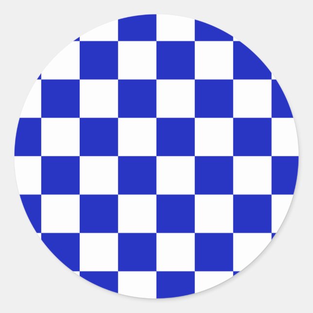 Royal Blue and White Chequered Board Pattern Classic Round Sticker (Front)