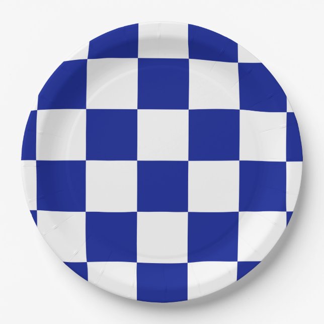 Royal Blue and White Chequered Pattern Paper Plate (Front)