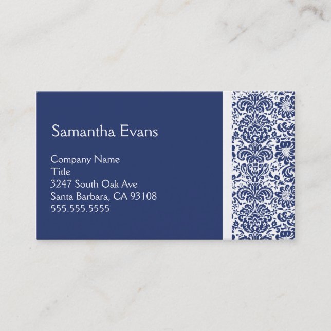 Royal Blue and White Damask Business Card (Front)