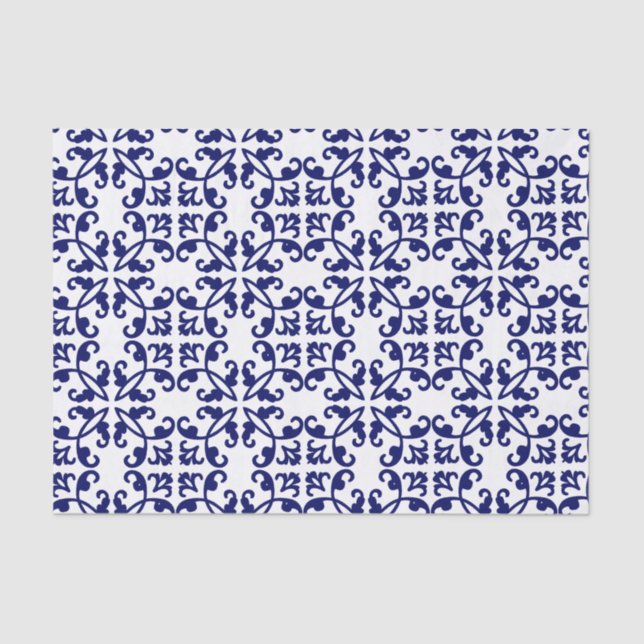 Royal Blue and White Damask Pattern      Tissue Paper (Front)
