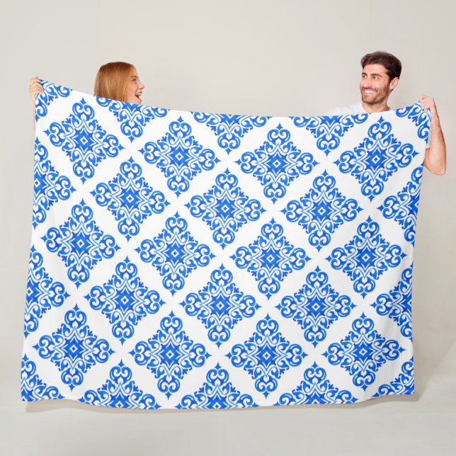 Royal Blue And White Delft Like Pattern Fleece Blanket (In Situ)