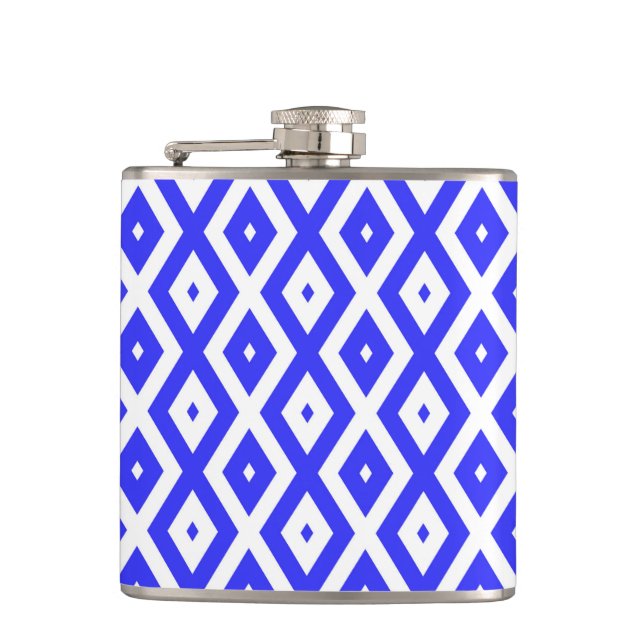 Royal blue and white diamond pattern hip flask (Front)