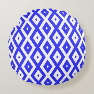 Royal blue and white diamond pattern round cushion