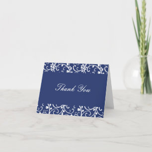 Royal Blue and White Floral Vine Thank You Note Card