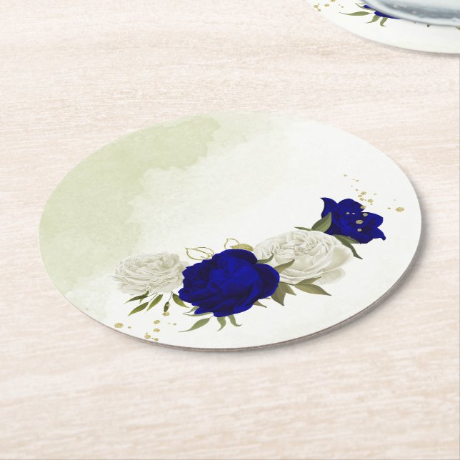 royal blue and white flowers greenery wedding round paper coaster (Angled)