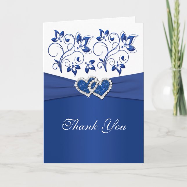Royal Blue and White Joined Hearts Thank You Card (Front)