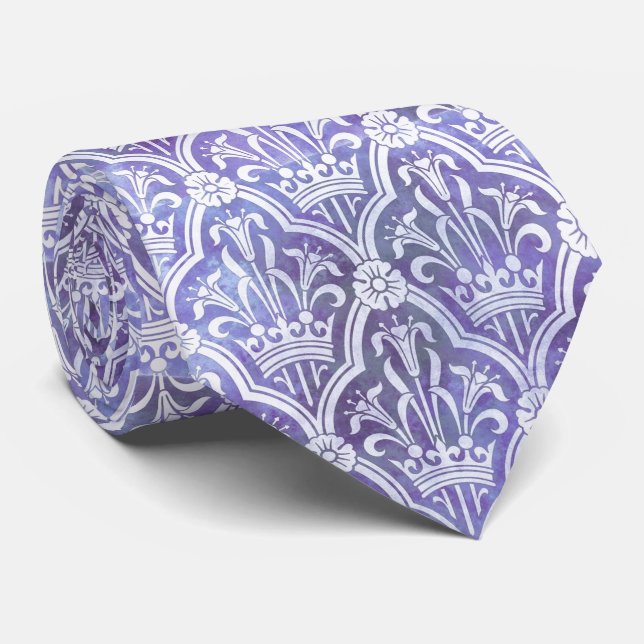 Royal Blue and White Lilies Vintage Pattern Tie (Rolled)