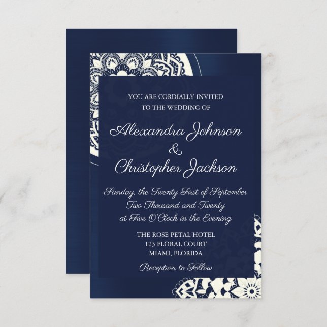 Royal Blue and White Mandala Wedding Invitation (Front/Back)