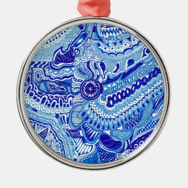 Royal Blue and White Ming style pattern art Metal Ornament (Front)