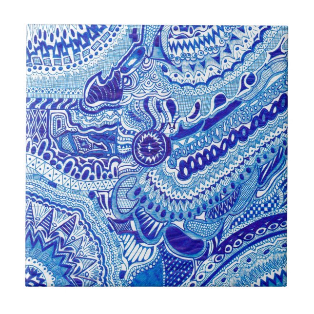 Royal Blue and White Ming style pattern art Tile (Front)